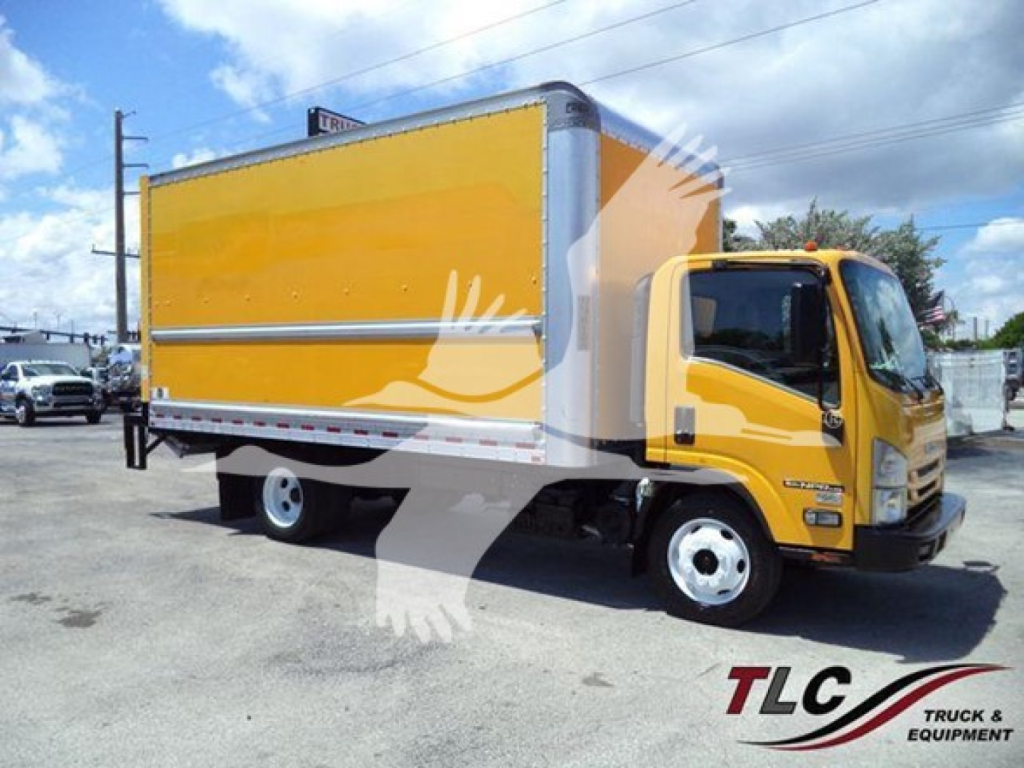 Isuzu NPR-HD box truck in yellow with cargo box, side view showing cab and empty box.
