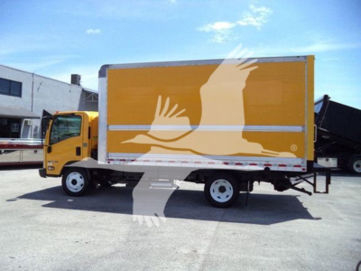 Box truck with yellow cargo box and white bird graphic on side. Side text not clearly legible. Isuzu NPR-HD 2019 listing context text not visible on image.