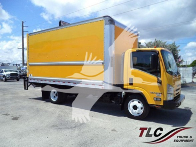 Isuzu NPR-HD box truck in yellow with cargo box, side view showing cab and empty box.