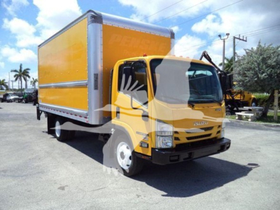 Isuzu NPR HD box truck in yellow with cargo box, side view showing cab and box seating, no visible text on side.