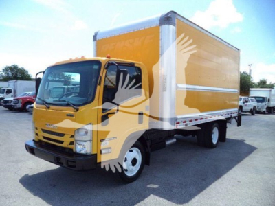 Isuzu NPR HD box truck in yellow with cargo box and white wheels, side view showing cab and box.