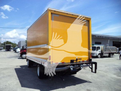Isuzu NPR-HD box truck rear and side view showing cargo area and rear underride guard.
