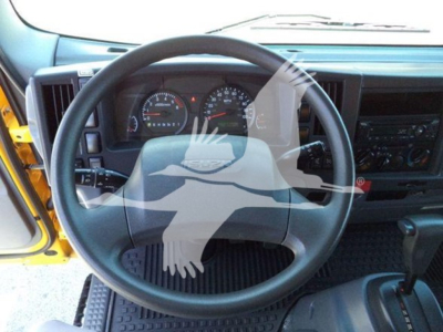 Isuzu NPR-HD truck interior showing steering wheel and dashboard gauges.