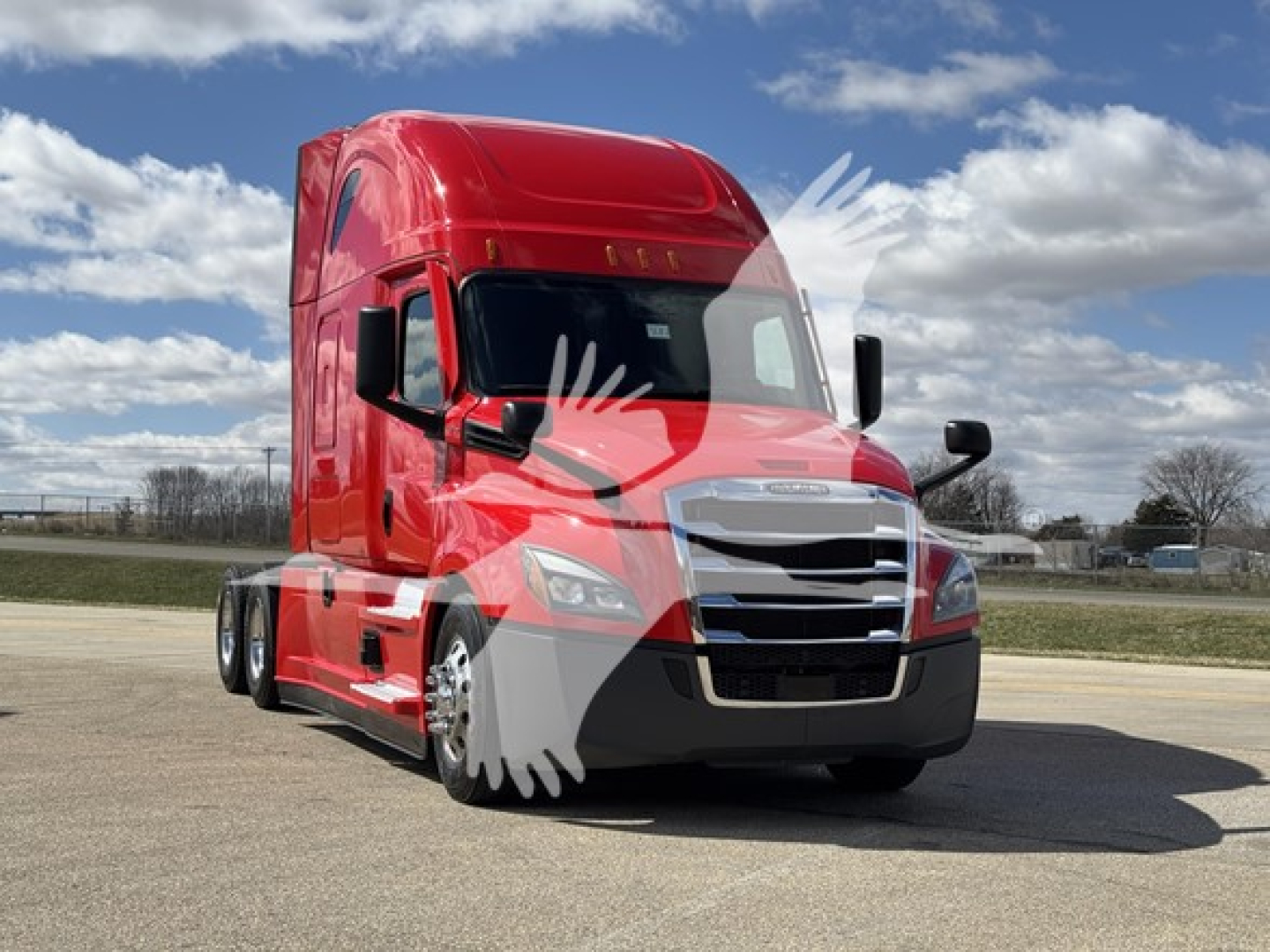 Freightliner Cascadia 126 model semi-truck in red color, front three-quarter view showing grille, headlights, and sleeper cab.