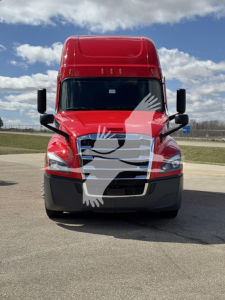 Front view of a red 2023 Freightliner Cascadia 126 conventional sleeper truck with black lower bumper, large windshield, and side mirrors.