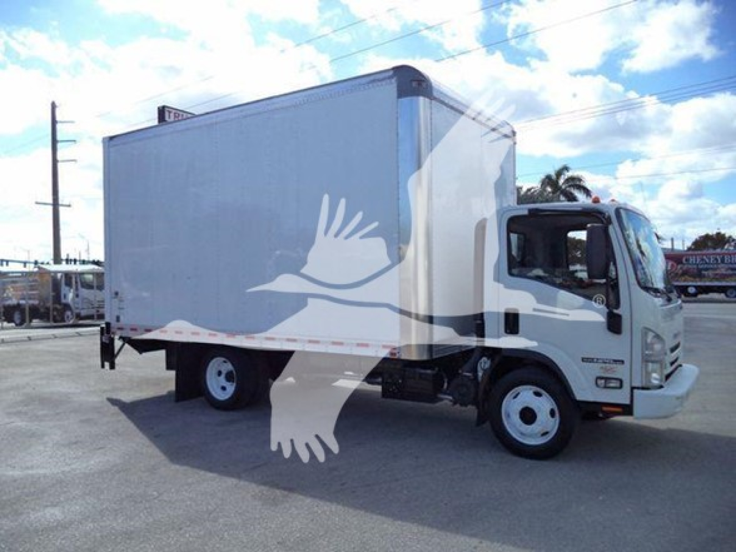 Isuzu NPR-HD box truck in side view showing cargo box with white exterior and front cab; VIN and stock not visible; dealership lot in background.