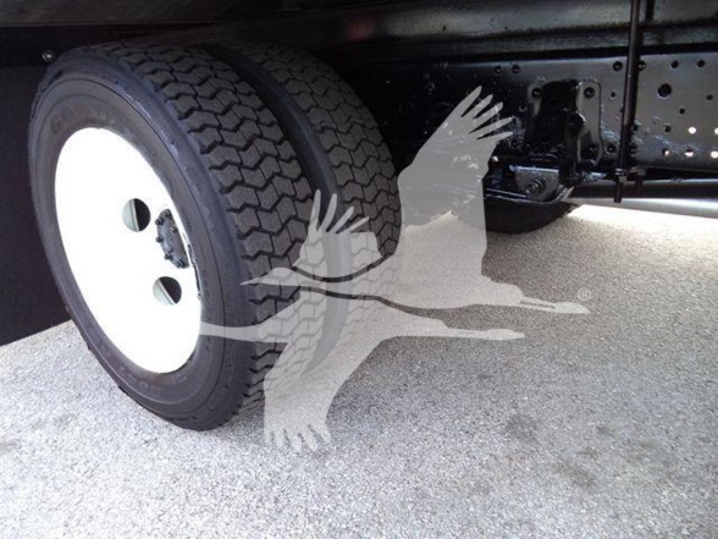 Isuzu NPR HD truck undercarriage showing dual rear wheels and frame with inked components.