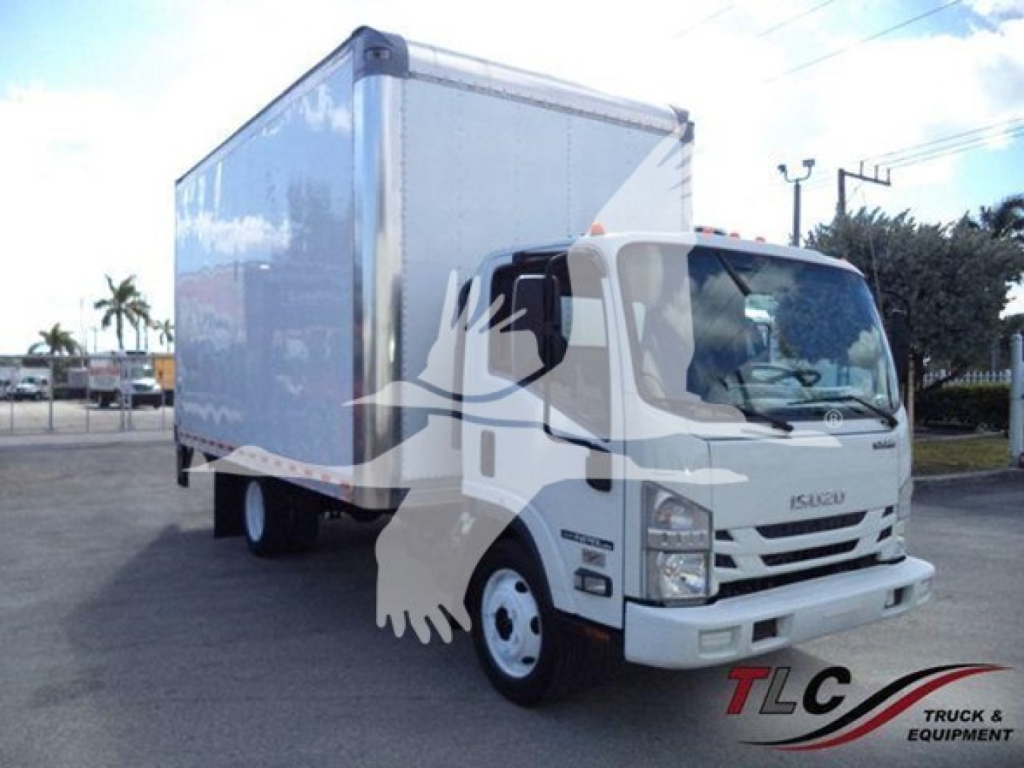 Isuzu NPR-HD box truck in white, cab front and cargo box visible with windshield and grille; no legible text clearly on body due to watermark; overall vehicle in a dealership lot.