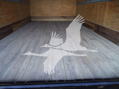 Isuzu NPR HD truck cargo area with wooden floor and side walls inside a box truck.