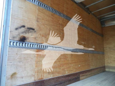 Isuzu NPR HD truck interior wall with wooden cargo area and a white bird graphic on the side.