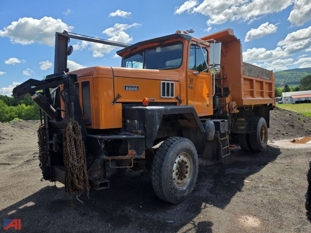 Orange 1991 International 5070 dump truck, side view in dirt lot with front plow and dumping bed visible.