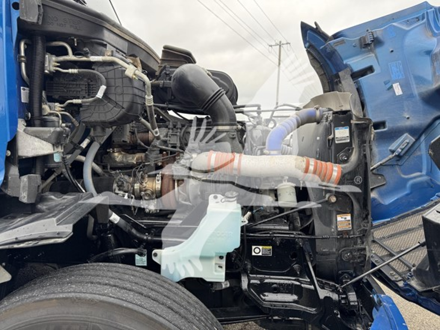 Peterbilt 579 engine bay showing coolant reservoir and various hoses and components under open hood.