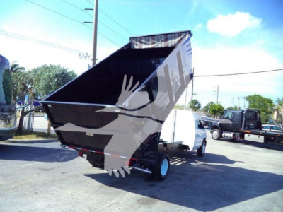 Ford E-450 dump truck with raised dump bed in a dealership lot. Visible text includes nothing legible on the truck, with other trucks in background.