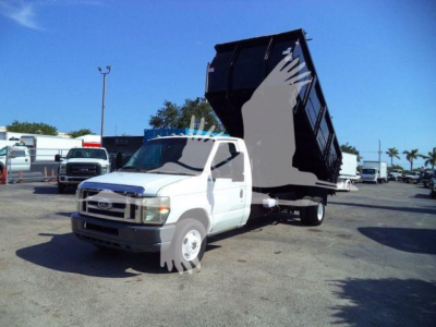 Ford E-450 dump truck with raised black dump bed in a dealership lot, white cab, other trucks visible in background.