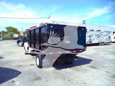 Ford E-450 dump truck with black bed, rear view showing tailgate and hitch.