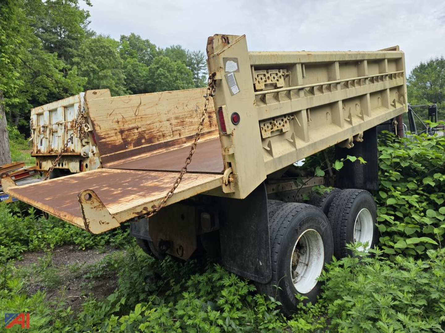 Dump truck trailer showing worndump body with heavy chain and rusted bed, dual rear wheels, overgrown vegetation.
