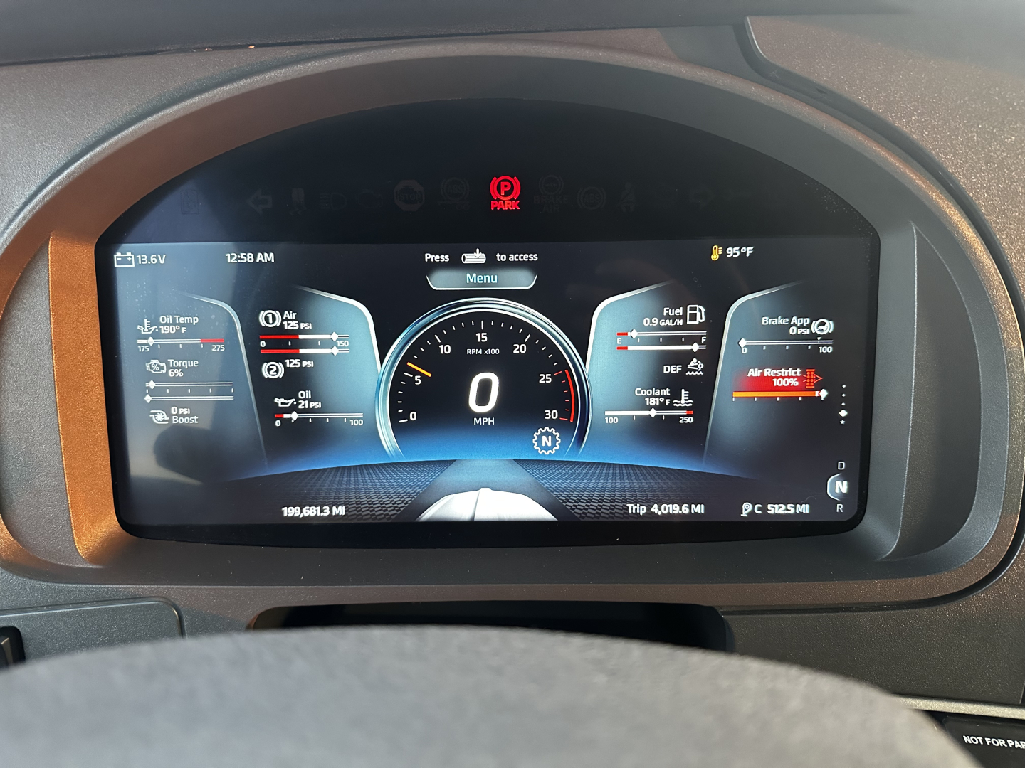 Dashboard display of a Kenworth T680 showing digital gauge cluster with center speedometer at 0 MPH, various system indicators, and fuel/engine readouts.