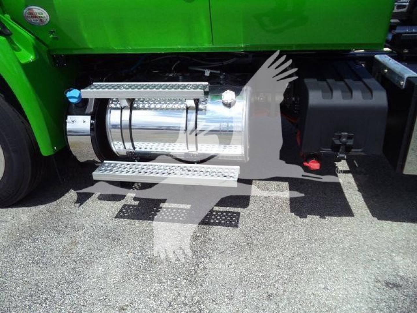 Tractor-trailer side showing chrome fuel tanks and side steps on a green International MV rollback unit.
