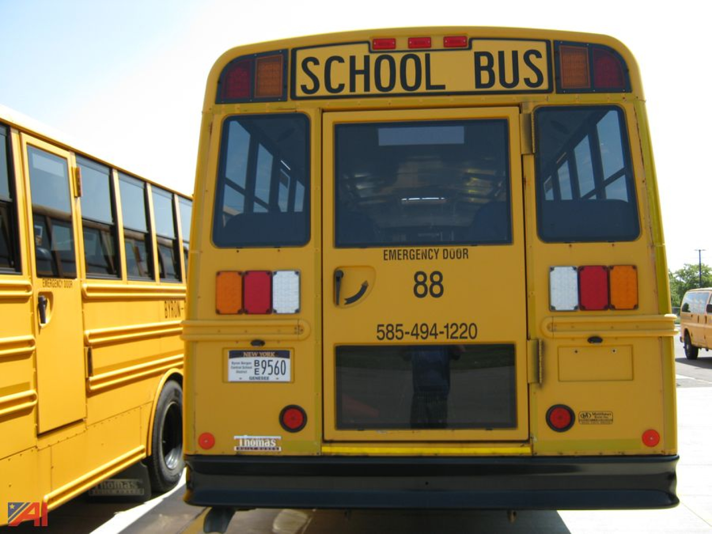 Rear of a yellow Freightliner C2 school bus showing emergency door and school bus signage with phone number.