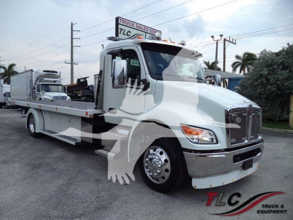 Kenworth T280 rollback tow truck in white with extended flatbed, front grille, and side mirrors visible; TLC Truck & Equipment logo watermark.