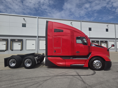 Kenworth T680 sleeper cab tractor in red side profile, 6-wheel tandem rear, adapter plates visible; no readable labels or sticker text in image.