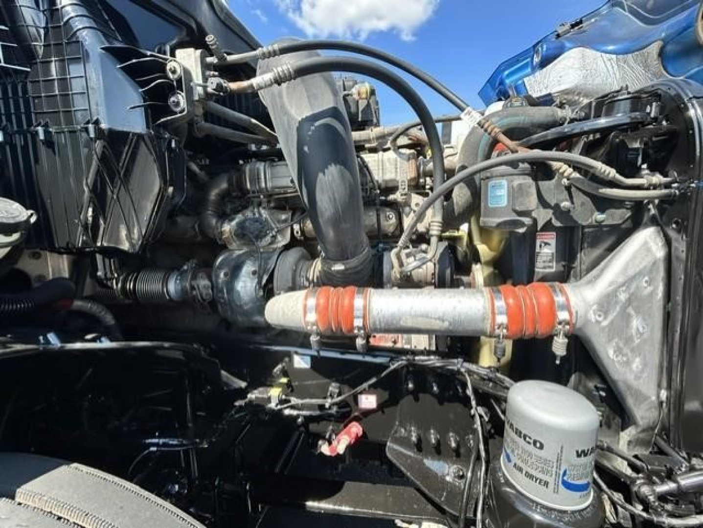 Engine bay of a Freightliner Cascadia showing coolant hoses, air filter housing, and oil filter with visible labels and hoses