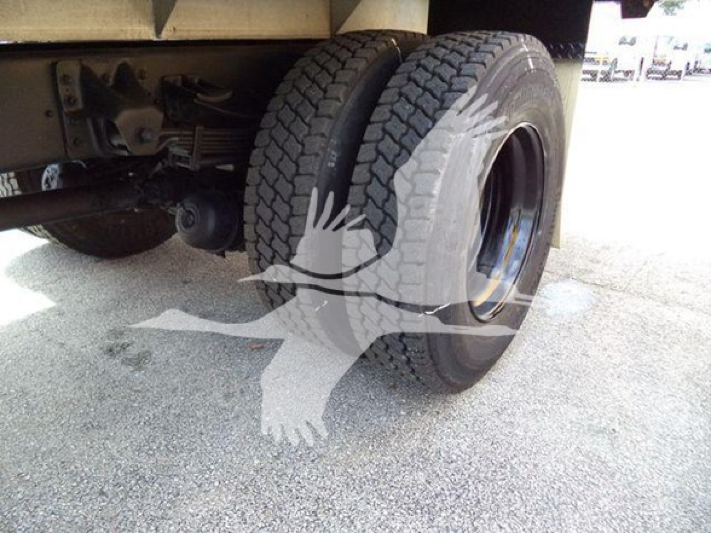 Isuzu truck rear axle and dual tires under chassis showing wheel wells and suspension components.
