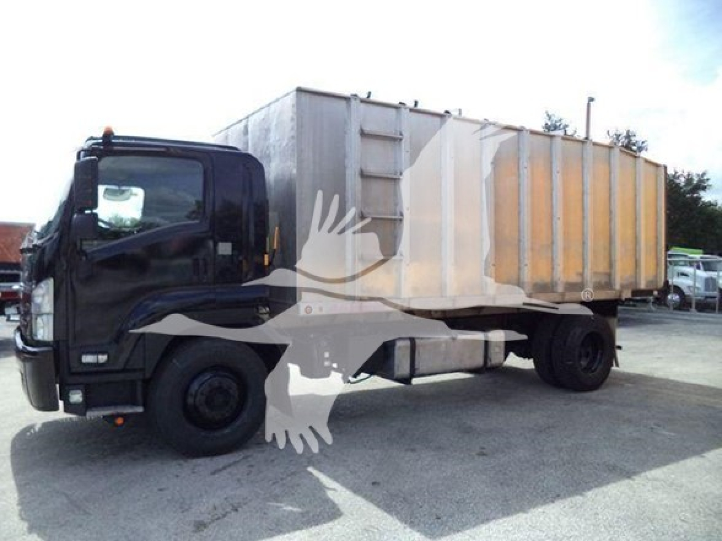 Isuzu FTR/dump truck side view showing cargo bed and cab with black exterior, tire details visible.
