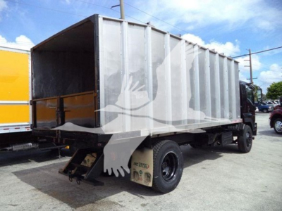 Isuzu FTR platform truck with empty chipper body showing side access and rear steps, metal cargo bed, black cab, rear wheel, and mud flaps.