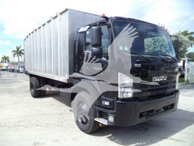 Isuzu FTR truck with a large metal cargo bed, front view, gas-powered cabin, black cab, white cargo container.