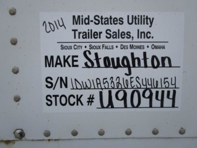 Tag on trailer showing 'Mid-States Utility Trailer Sales, Inc.' with Make Stoughton handwritten, S/N 1DW1A5326ES4410154, Stock # U90944, 2014.