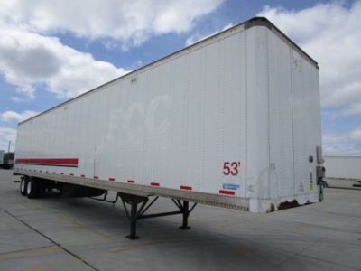 A 53' Stoughton van trailer on a stand, white exterior with red reflective tape and a faded logo, viewed from side angle.