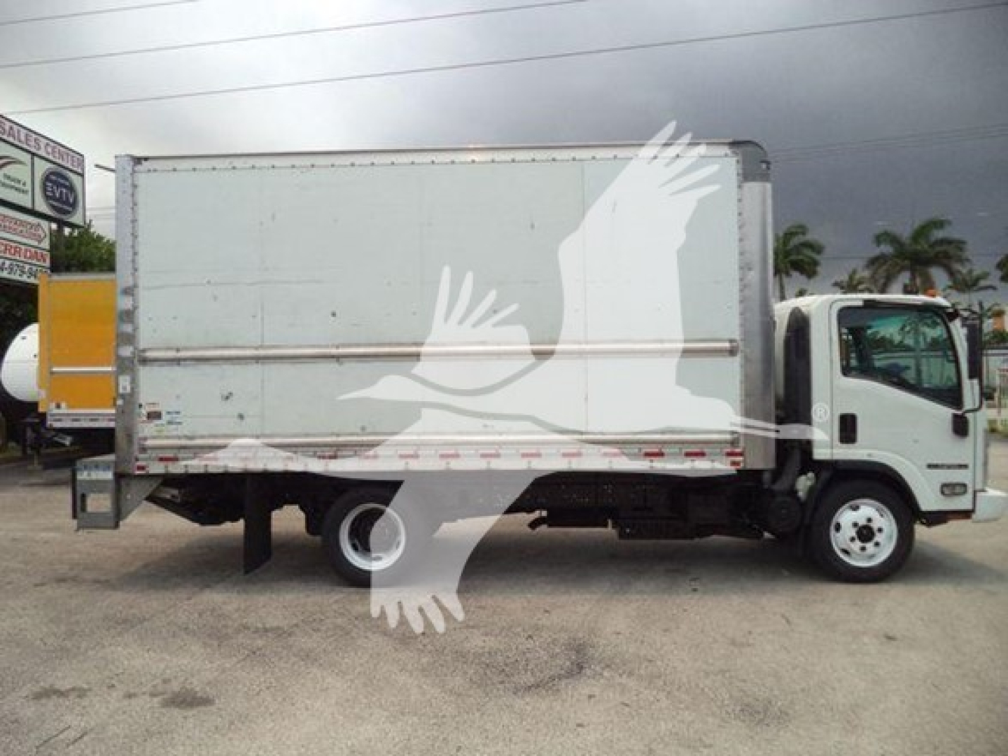 Isuzu NPR HD box truck side view showing cargo box with white exterior and black rear undercarriage, side warning decals, and cab with front wheel visible.