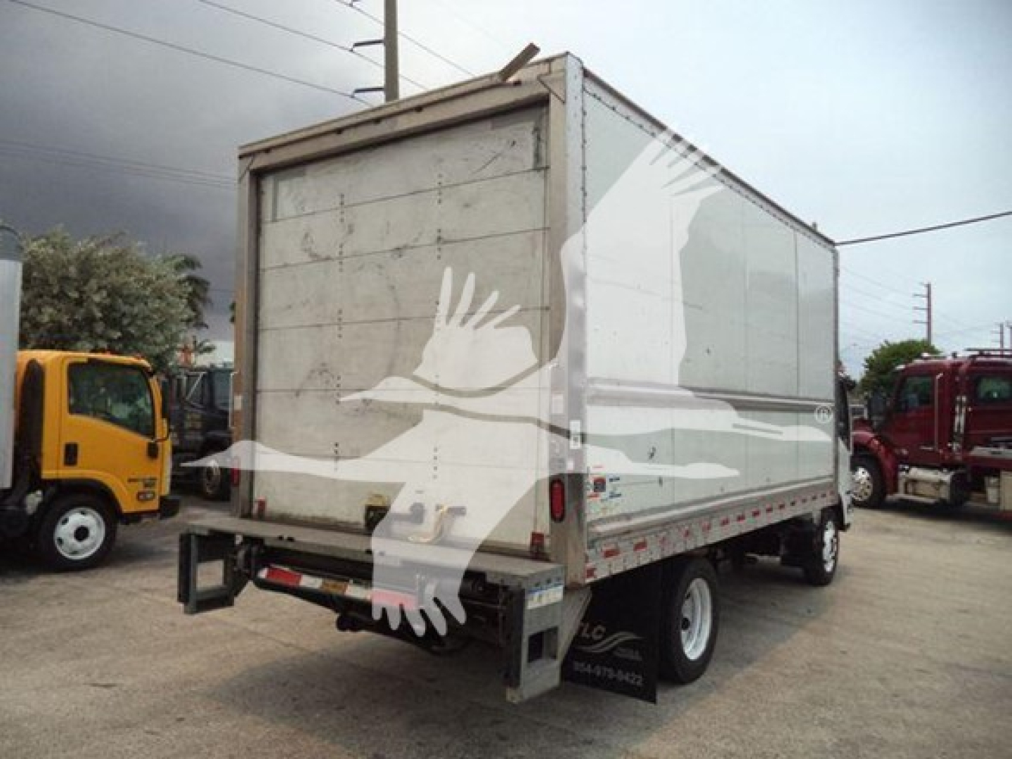 Isuzu NPR HD box truck rear view showing cargo box and dual rear wheels.