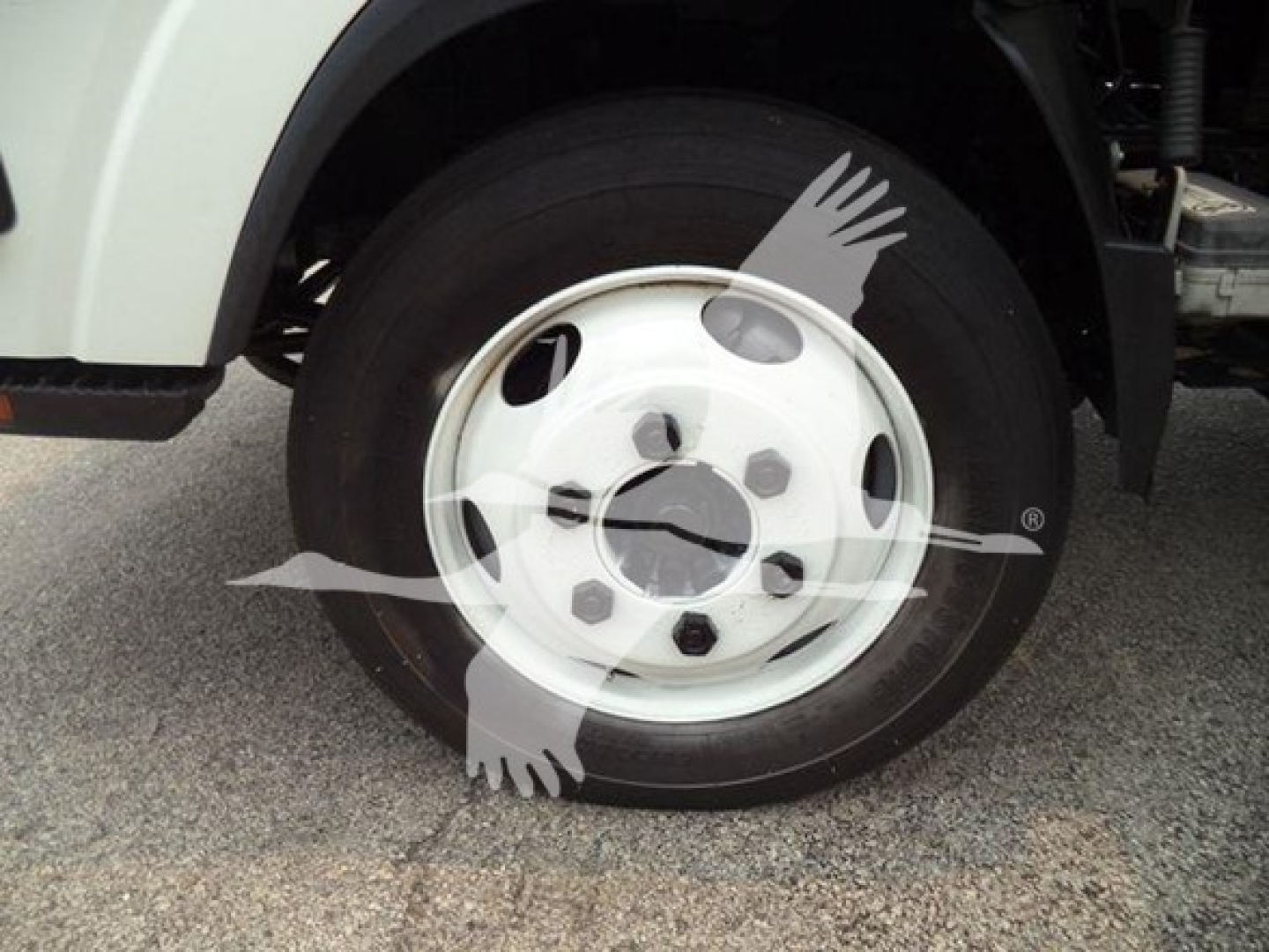 Isuzu NPR HD truck front wheel area showing white alloy wheel with black tire, part of cargo box chassis visible.