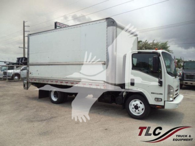 Isuzu NPR-HD box truck with cargo box and cab, front three-quarter view.