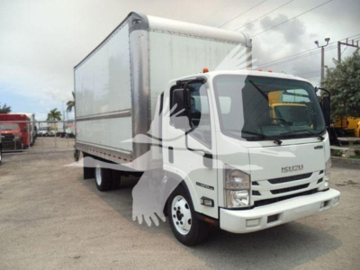 Isuzu NPR HD box truck showing side view with cargo box and cab, front-right angle.