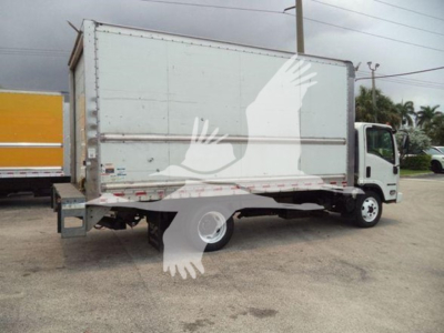 Isuzu NPR HD box truck side view showing cargo box, cab, and rear bumper.