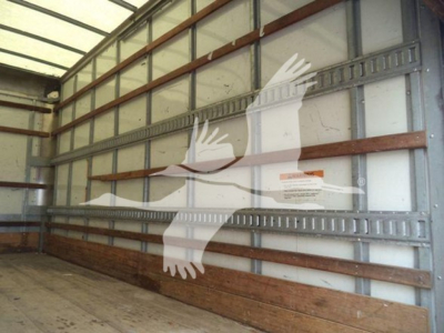 Isuzu NPR HD box truck cargo area interior showing metal wall rails and wooden floor. A large faint graphic of birds is visible on the side wall.