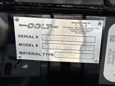 Serial plate showing Colt industrial welding and supply Co. information. Serial # 20ERB161325, Model # 18ERB, Material Type HARDOX 400.
