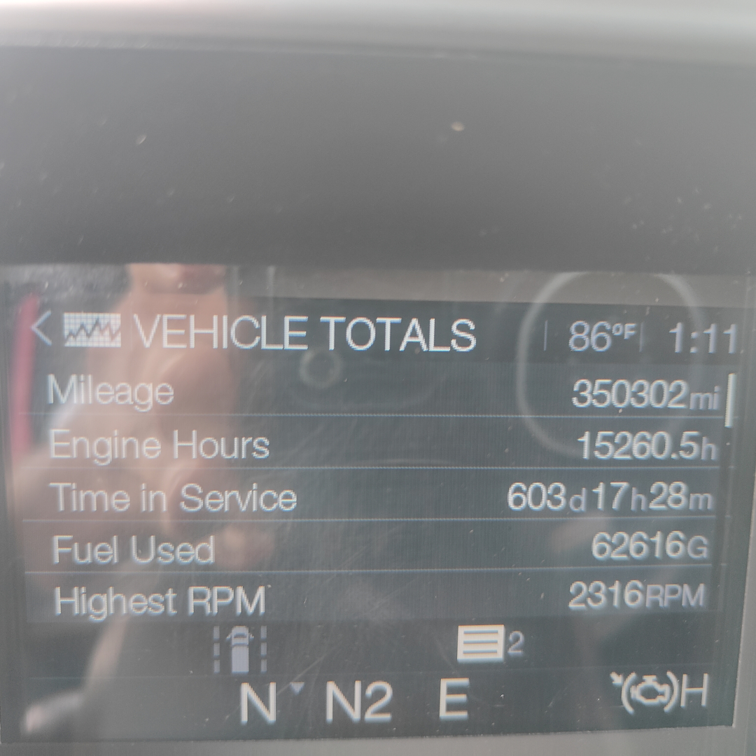 Dashboard display showing Vehicle Totals: Mileage 350302 mi, Engine Hours 15260.5 h, Time in Service 603d17h28m, Fuel Used 62616 gal, Highest RPM 2316 RPM, gear indicators N N2 E.