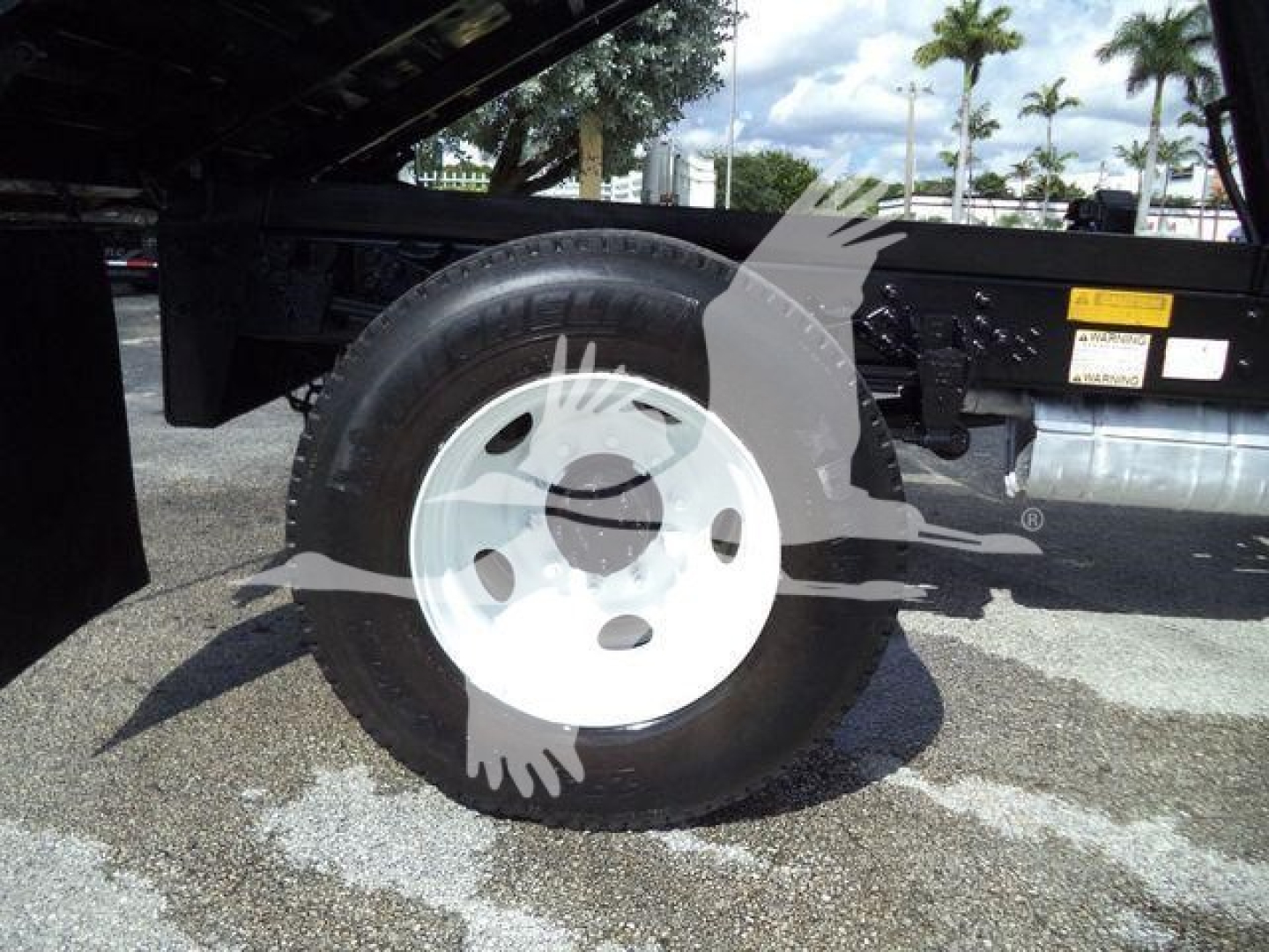 Wheel and tire assembly of a Ford F650 XL SD dump truck showing steel rim and tire with chassis components nearby.