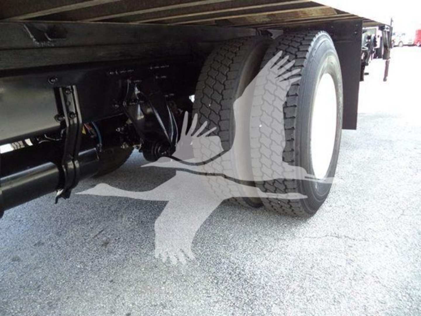 Freightliner M2 106 chassis showing dual rear wheels and undercarriage components; view from passenger side near rear axle.