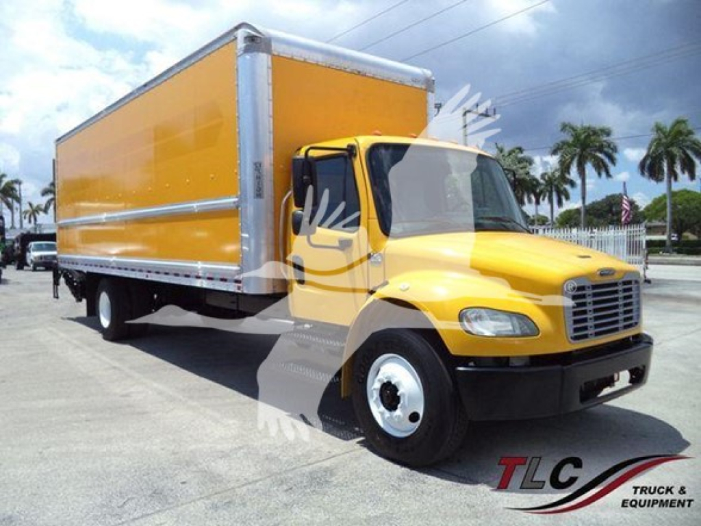 2019 Freightliner M2 106 box truck in yellow with cargo box and white trim, side view, VIN visible on listing, TLG watermark