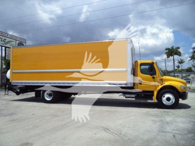Truck side view of a yellow 2019 Freightliner M2 106 box truck with cargo area and white branding overlay, VIN 3ALACWFC6KDKH6807, stock TH6807.