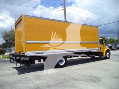 Truck side profile showing a yellow Freightliner M2 106 box truck with white logos and a raised cargo box.