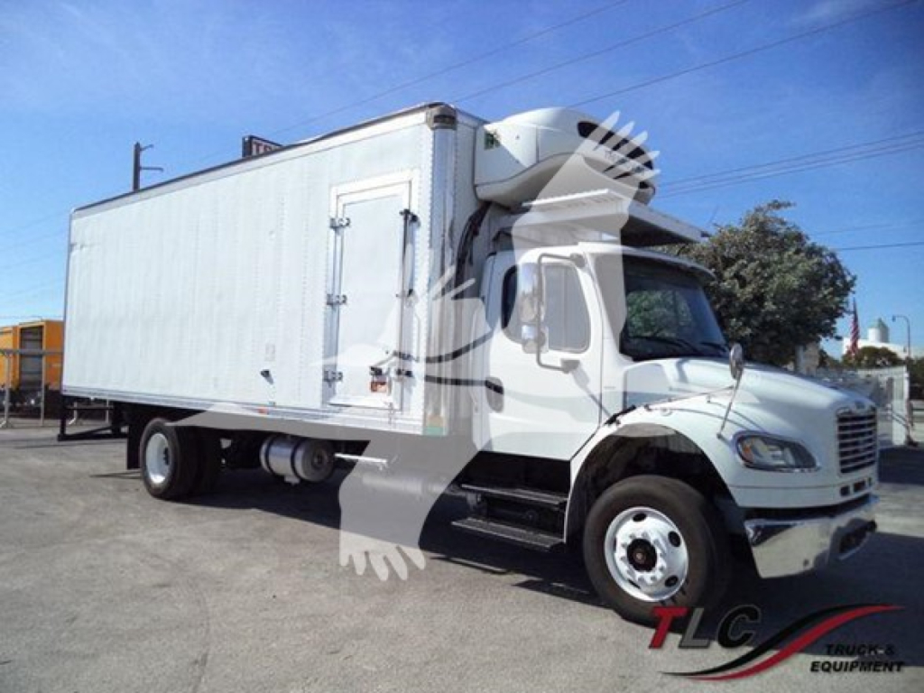 Freightliner Business Class M2 106 refrigerated box truck in-service, side view showing cab and insulated cargo box with refrigeration unit on top front