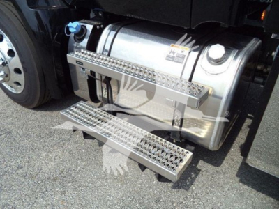 Kenworth T280 fuel tank with chrome running boards/steps attached and side view of fuel tank and cab strap.