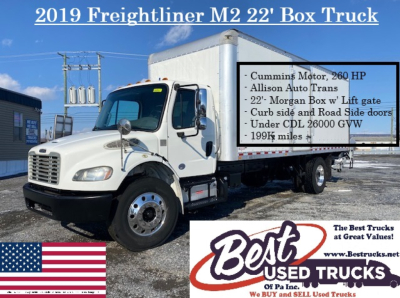 Box truck showing Cummins motor 260 HP and Allison Auto Trans in a 2019 Freightliner M2 22' Box Truck with Best Used Trucks watermark and U.S. flag.