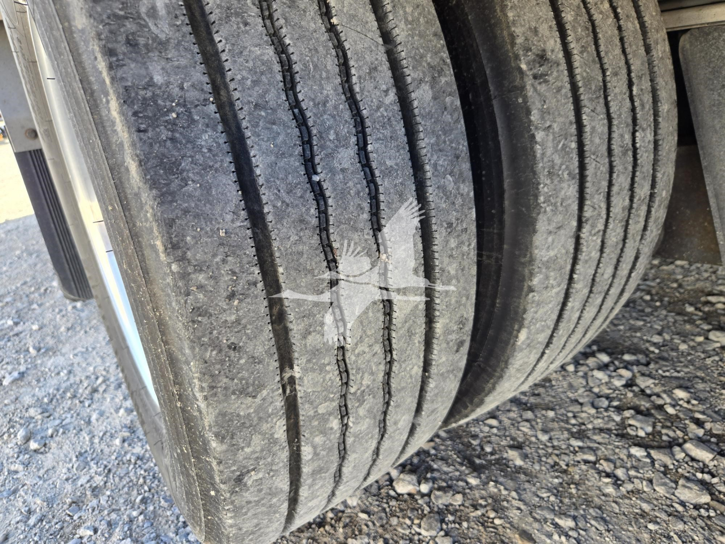 Vehicle trailer wheel and dual tires showing tread pattern and wear lines on the outermost tires.